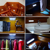 Collage of LED lights in various locations including stairs, bedside, bookcase, washstand, wardrobe, and drawer.